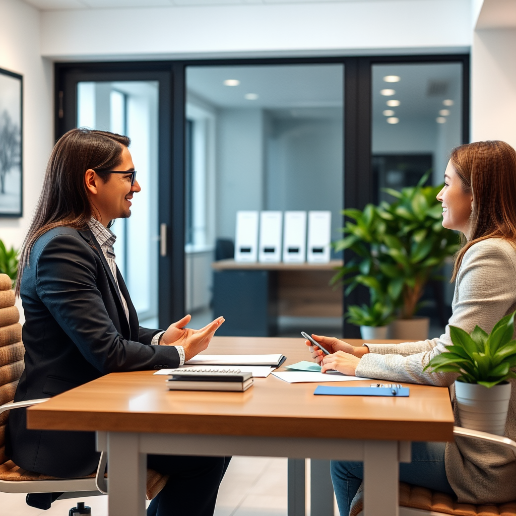 Persönliche Kreditberatung in einem modernen Büro mit Finanzberater und Kunde am Schreibtisch