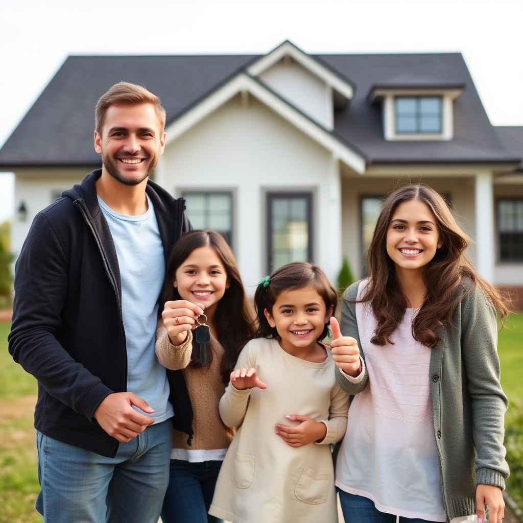 Glückliche Familie vor ihrem neuen Zuhause mit Schlüsseln in der Hand, strahlende Gesichter, modernes Einfamilienhaus im Hintergrund