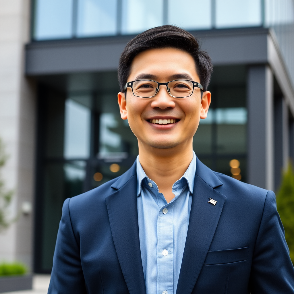 Marcus Chen - Ein professioneller Geschäftsmann mittleren Alters in einem dunkelblauen Anzug, lächelnd und selbstbewusst, vor einem modernen Bürogebäude stehend