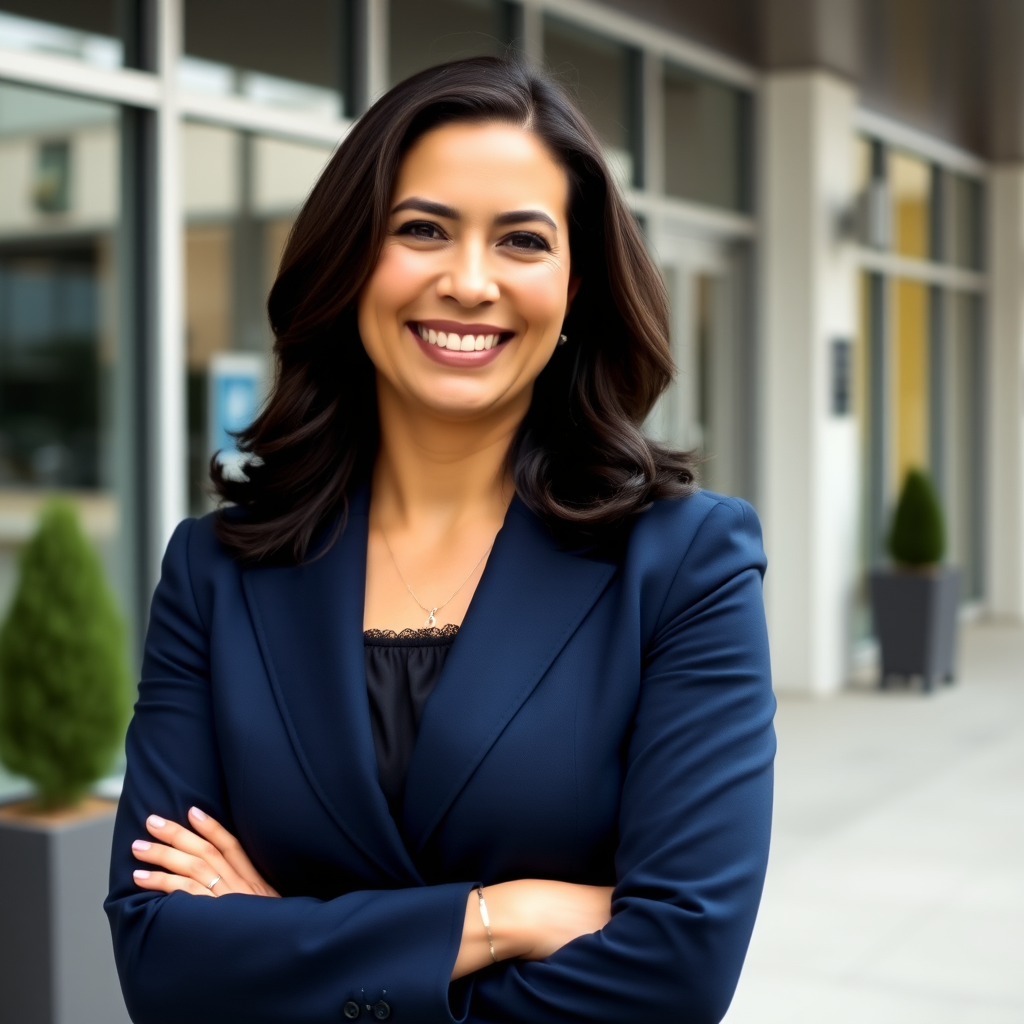 Dr. Elena Rodriguez, eine professionelle Finanzberaterin mittleren Alters mit dunklen Haaren und einem warmen Lächeln, trägt einen eleganten dunkelblauen Blazer und steht vor einem modernen Bürogebäude